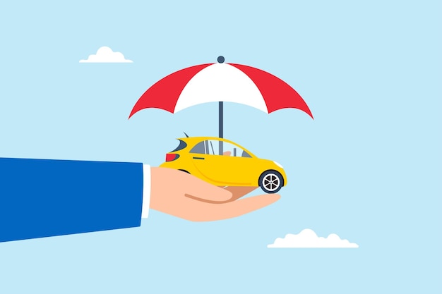 Ilustración plana hombre de negocios mano cubre suavemente el coche con un paraguas que simboliza la protección de seguro de automóvil