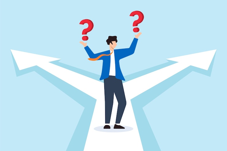 Vector ilustración plana de un hombre de negocios de pie en una encrucijada con un signo de interrogación confundido sobre qué camino elegir