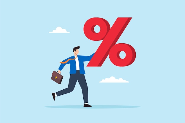 Ilustración plana de un hombre de negocios que lleva un gran signo de porcentaje que simboliza la carga financiera y la tasa de interés