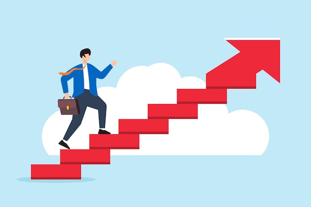 Ilustración plana de un hombre de negocios subiendo escaleras de flecha que simbolizan pasos hacia el éxito y el crecimiento profesional