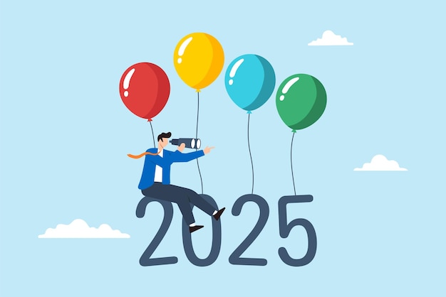 Ilustración plana de un hombre de negocios volando con globos 2025 usando un telescopio para apuntar al éxito futuro