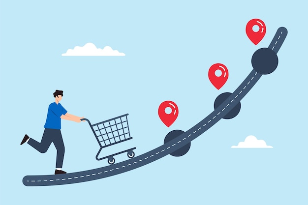 Ilustración plana del hombre que empuja el carrito de compras sigue el proceso de análisis del mapa de viaje del cliente para comprar el producto