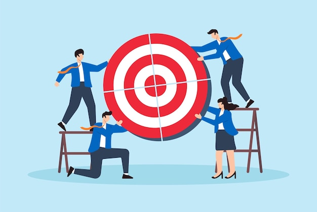 Ilustración plana hombres de negocios conectan el objetivo bullseye juntos simbolizando compartir el objetivo y el trabajo en equipo