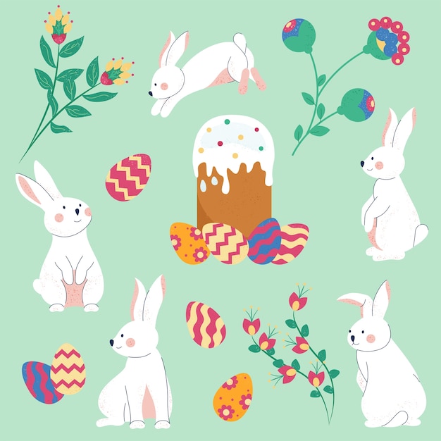 Ilustración plana del icono de pascua dibujada a mano con conejos y huevos de pascua