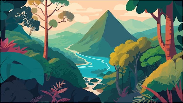 Vector una ilustración plana inspirada en las montañas y las vibraciones del lago