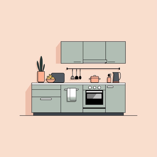 Ilustración plana del interior de una cocina moderna con muebles, electrodomésticos y utensilios.