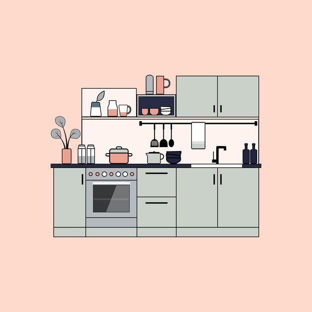 Ilustración plana del interior de una cocina moderna con muebles, electrodomésticos y utensilios.