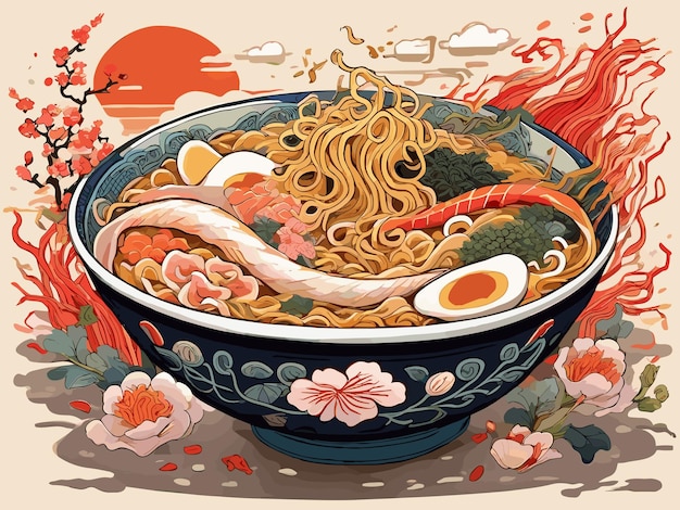 Ilustración plana de Una intrincada ilustración de estilo ukiyoe que representa un delicioso plato de