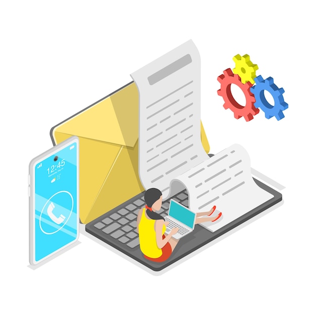 Ilustración plana isométrica 3D del artículo 2 del servicio al cliente