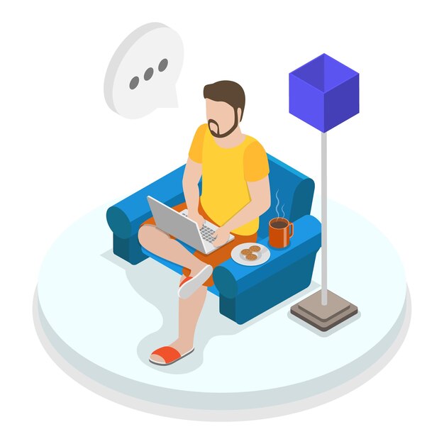 Ilustración plana isométrica 3D del artículo de trabajo híbrido 3