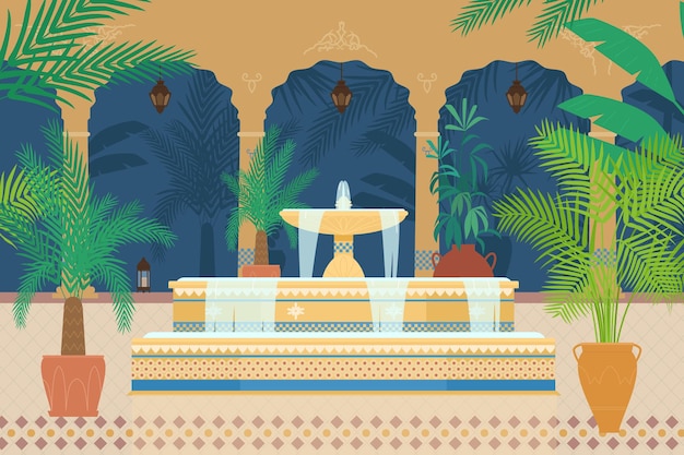 Ilustración plana del jardín del palacio árabe con fuente, plantas tropicales, arcos, linternas.