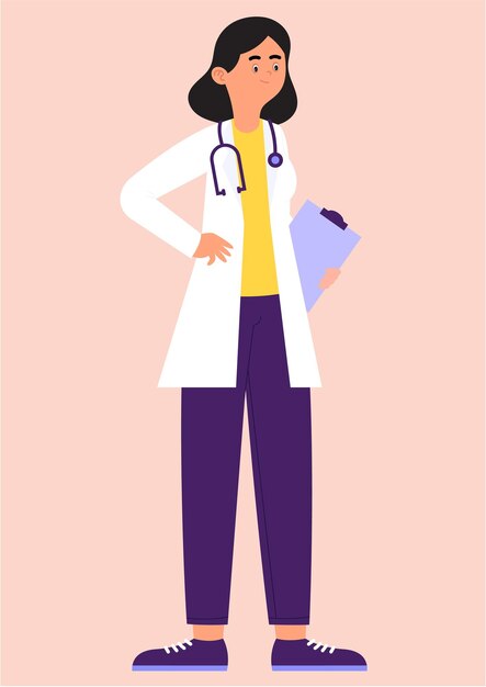 Ilustración plana de una joven médica con una bata blanca sosteniendo un clipboard en la mano y un estetoscopio en
