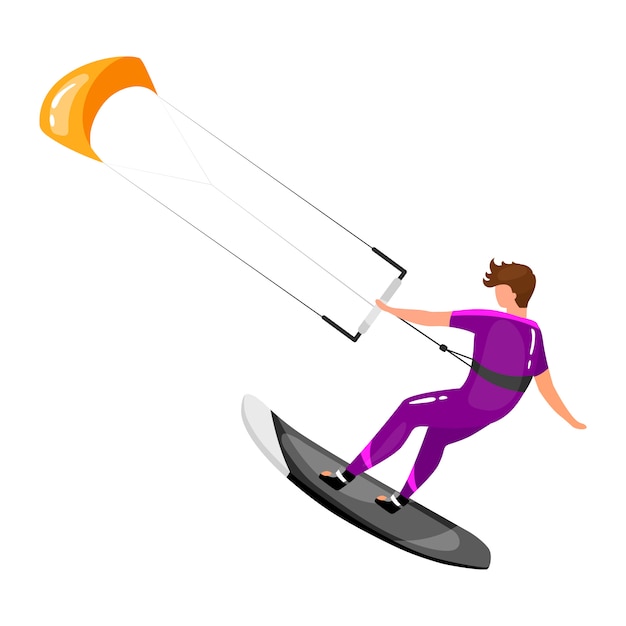 Ilustración plana de kitesurf. Experiencia deportiva extrema. Estilo de vida activo. Actividades al aire libre de vacaciones. Deportista equilibrado a bordo con cometa aislado personaje de dibujos animados sobre fondo blanco.