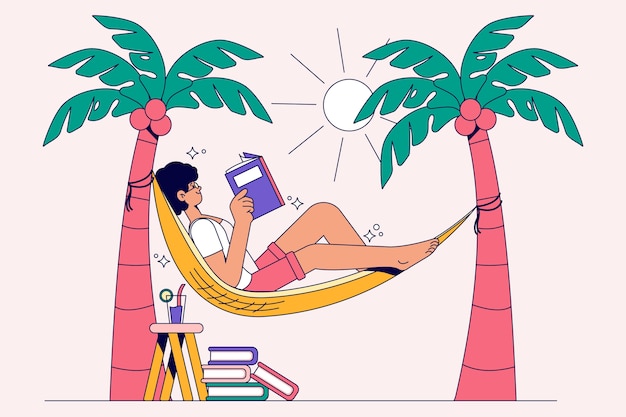 Vector ilustración plana de libros de lectura de verano con mujer en hamaca