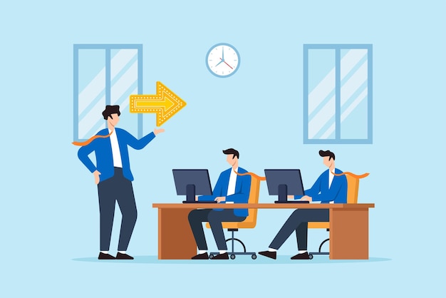 Ilustración plana de un líder de equipo confiado encontrando una solución con una flecha amarilla brillante mientras guía a los miembros del equipo que trabajan en escritorios en un espacio de trabajo moderno