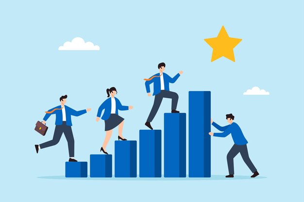 Ilustración plana de un líder de negocios construyendo una escalera de gráfico de barras para que el equipo alcance el objetivo de éxito de la startup