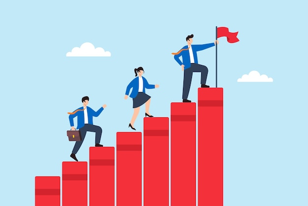 Ilustración plana de un líder de negocios plantando una bandera en la parte superior de las barras de progreso rojas mientras el equipo sube los escalones del logro de la startup