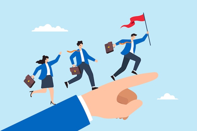Ilustración plana del líder de negocios sosteniendo la bandera y corriendo con el dedo apuntando a los miembros del equipo hacia el éxito