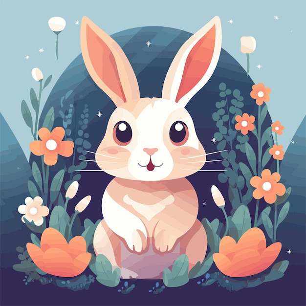 Ilustración plana con un lindo conejo de pascua en flores de alta resolución