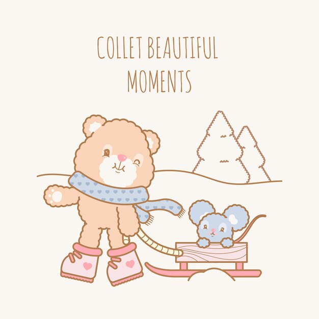 Ilustración plana lindo oso y ratón de invierno kawaii