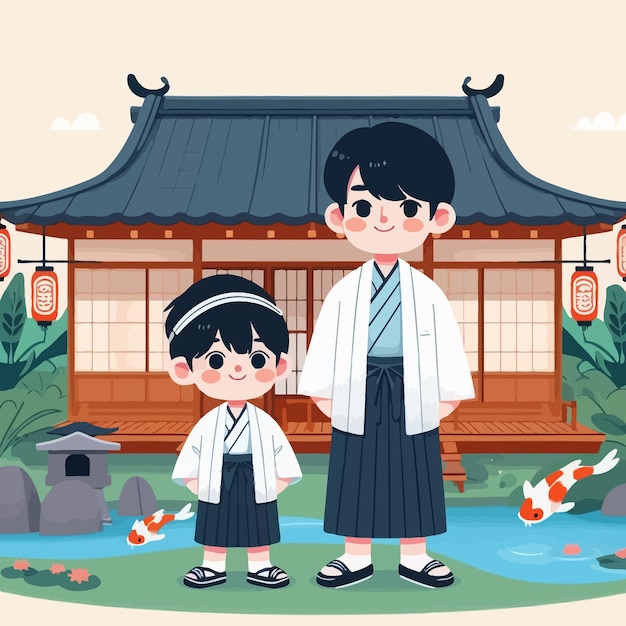 Una ilustración plana de un lindo padre y un hijo asiáticos