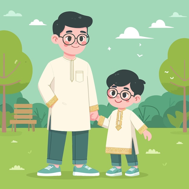 Vector una ilustración plana de un lindo padre y un hijo asiáticos