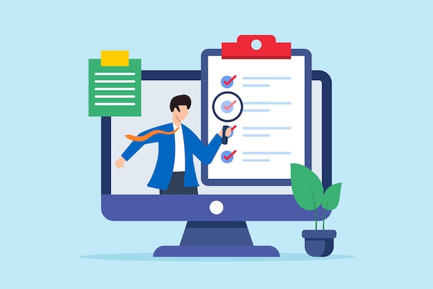 Ilustración plana de la lista de comprobación de negocios de examen ejecutivo en una llamada de video con lupa en la pantalla de la computadora