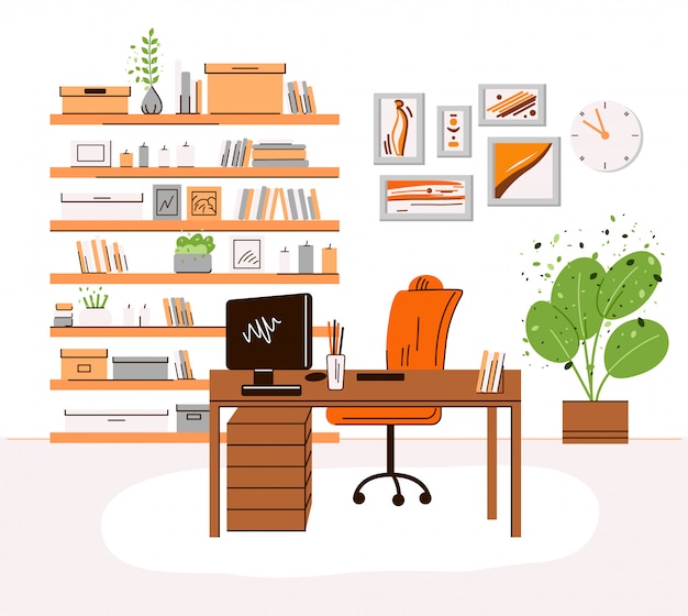 Vector ilustración plana del lugar de trabajo de la oficina en el hogar interrior - escritorio con monitor, computadora, estantes con libros y accesorios, plantas. acogedora área de trabajo a domicilio, zona de oficina en casa