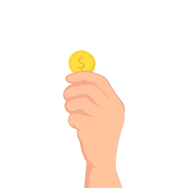 Ilustración plana de una mano que sostiene una moneda de dinero sobre un fondo blanco aislado vector