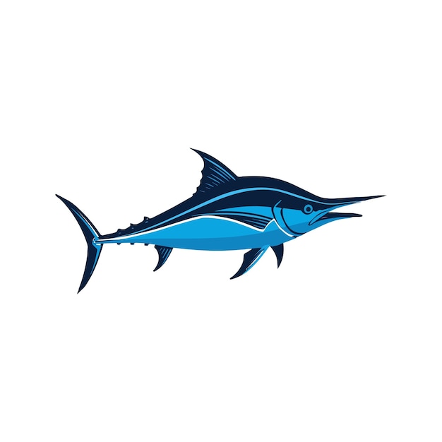 Ilustración plana de un marlín azul con cuerpo azul elegante pico afilado forma aerodinámica diseño minimalista fondo limpio
