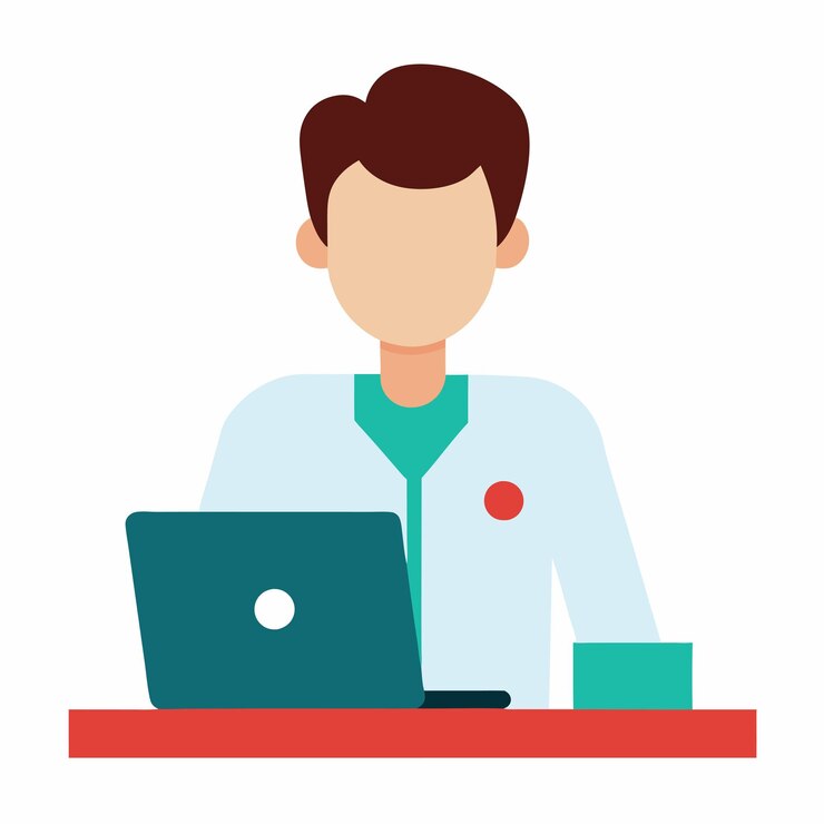 Vector ilustración plana de un médico trabajando en su computadora