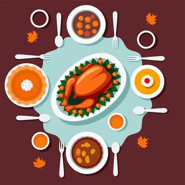 Ilustración plana de la mesa de la cena festiva de Acción de Gracias para la Ilustración del tema de Acción de gracias