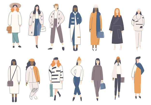 Ilustración plana de modelo de moda femenina con varios atuendos.