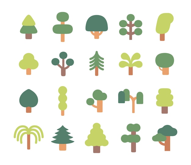 Una ilustración plana moderna de varios iconos de árboles perfectos para el medio ambiente natural y ecológico