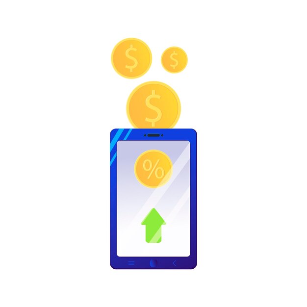 Ilustración plana de monedas cayendo en el teléfono móvil El depósito de dinero en una cuenta