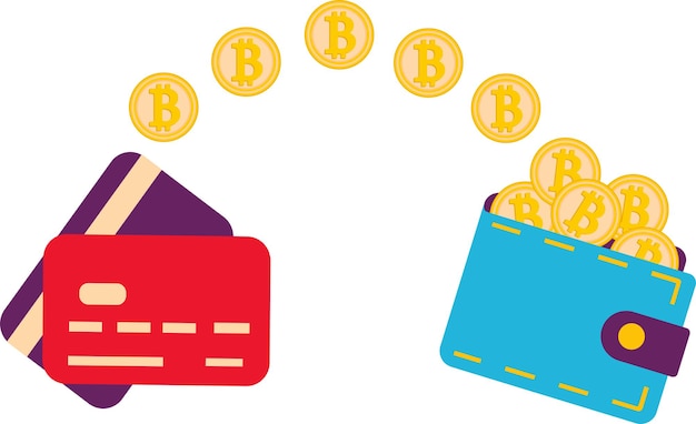 Una ilustración plana de un montón de bitcoins, desde una tarjeta de crédito hasta una billetera. transferencia, comercio electrónico, negocios en línea, depósito de dinero en el concepto del vector de cuenta.