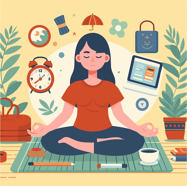 Vector una ilustración plana de una mujer asiática meditando y una expresión de calma en su rostro