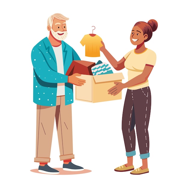 Una ilustración plana de una mujer dando una caja de caridad a un anciano