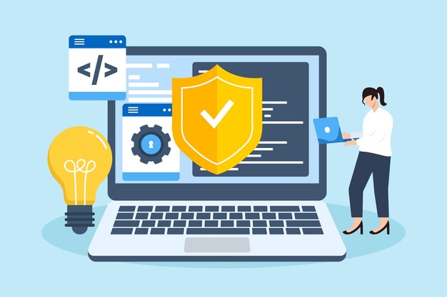 Ilustración plana de una mujer desarrollando software seguro con escudo de seguridad y código de programación
