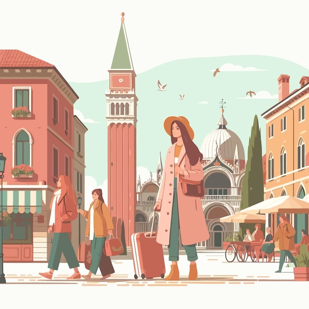 Vector una ilustración plana de una mujer europea visitando el casco antiguo _ai_generated