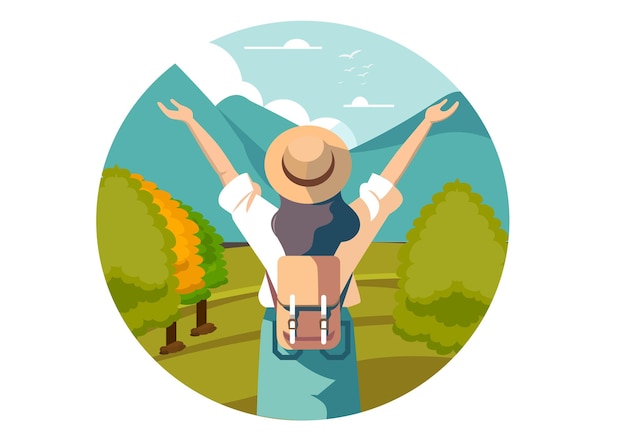 Ilustración plana de una mujer excursionista Ella está feliz con sus manos levantadas por encima de su cabeza