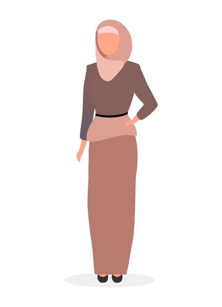 Ilustración plana de mujer musulmana. Señora elegante islámica en personaje de dibujos animados hijab aislado sobre fondo blanco. Chica confiada saudita con abaya. Lookbook de modelo árabe