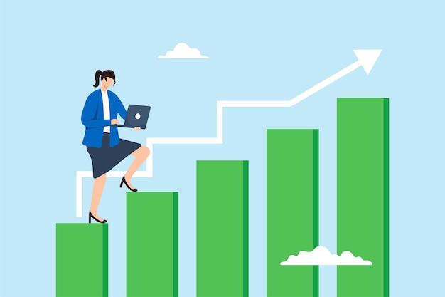 Ilustración plana mujer de negocios camina por una columna de gráfico de barras en crecimiento mientras trabaja en una computadora portátil que simboliza el crecimiento profesional