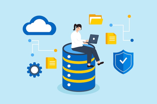 Ilustración plana de una mujer de negocios que trabaja con una computadora portátil en un sistema de base de datos, computación en la nube, administración de almacenamiento de datos seguro
