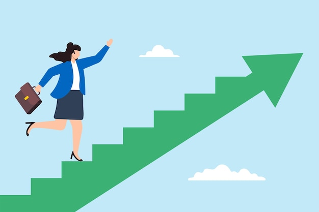 Ilustración plana de una mujer de negocios segura subiendo la escalera de flecha crecimiento profesional y motivación