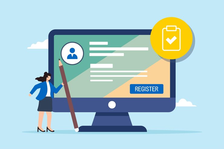 Vector ilustración plana de una mujer de negocios sosteniendo un lápiz completar el formulario de registro en línea en la pantalla de la computadora registrarse nueva cuenta de usuario creación de solicitud de trabajo envío de información de registro solicitar membresía