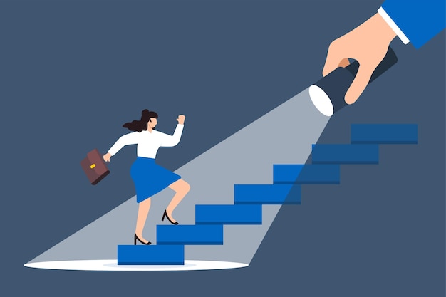 Ilustración plana de una mujer de negocios subiendo la escalera iluminada por una linterna orientación profesional foco hacia el éxito descubrir talento candidato a un trabajo