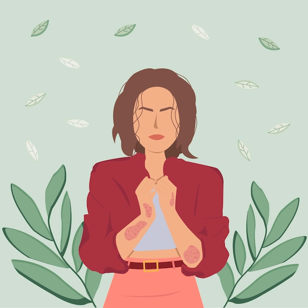 Vector ilustración plana con mujer con psoriasis (problema de la piel) sobre fondo verde con plantas