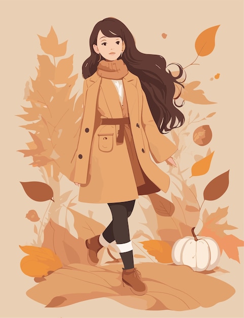 Una ilustración plana de una mujer que disfruta de la temporada de otoño