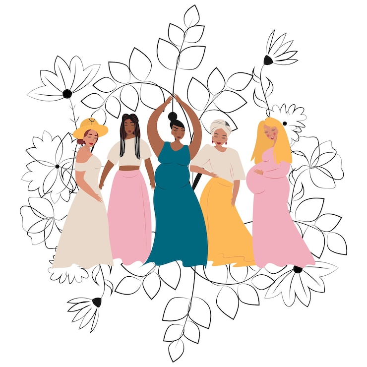 Vector ilustración plana de mujer para tarjeta de felicitación sobre fondo floral maternidad embarazo vida